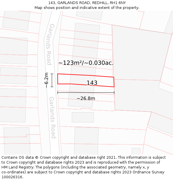 143, GARLANDS ROAD, REDHILL, RH1 6NY: Plot and title map