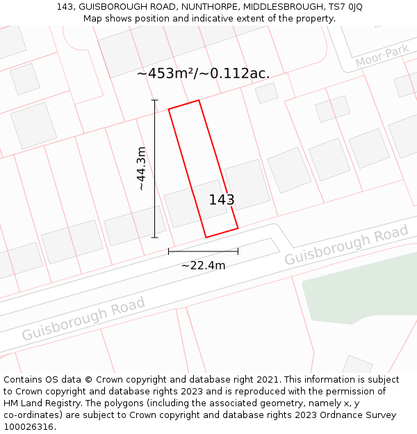 143, GUISBOROUGH ROAD, NUNTHORPE, MIDDLESBROUGH, TS7 0JQ: Plot and title map