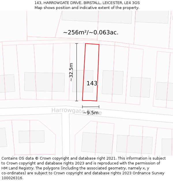 143, HARROWGATE DRIVE, BIRSTALL, LEICESTER, LE4 3GS: Plot and title map