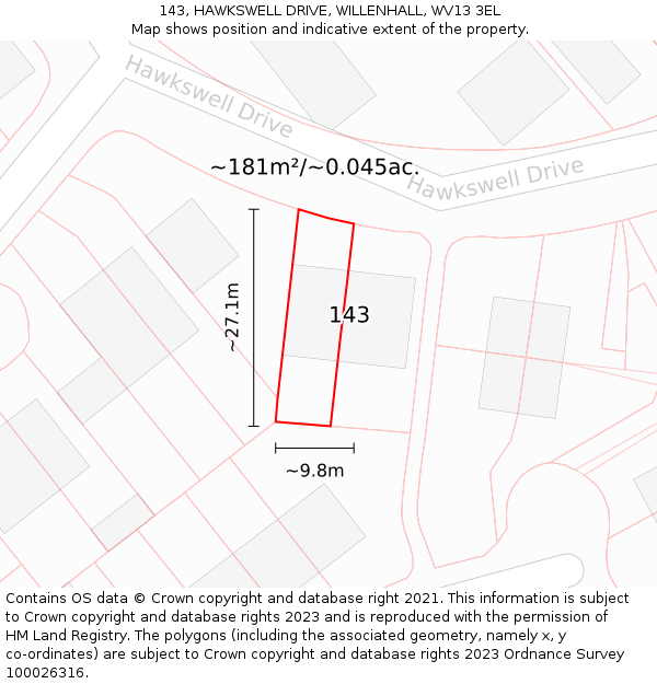 143, HAWKSWELL DRIVE, WILLENHALL, WV13 3EL: Plot and title map