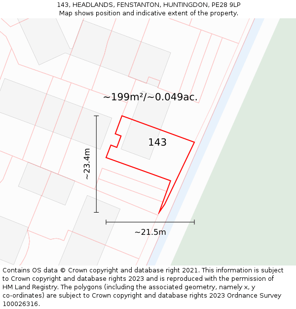 143, HEADLANDS, FENSTANTON, HUNTINGDON, PE28 9LP: Plot and title map