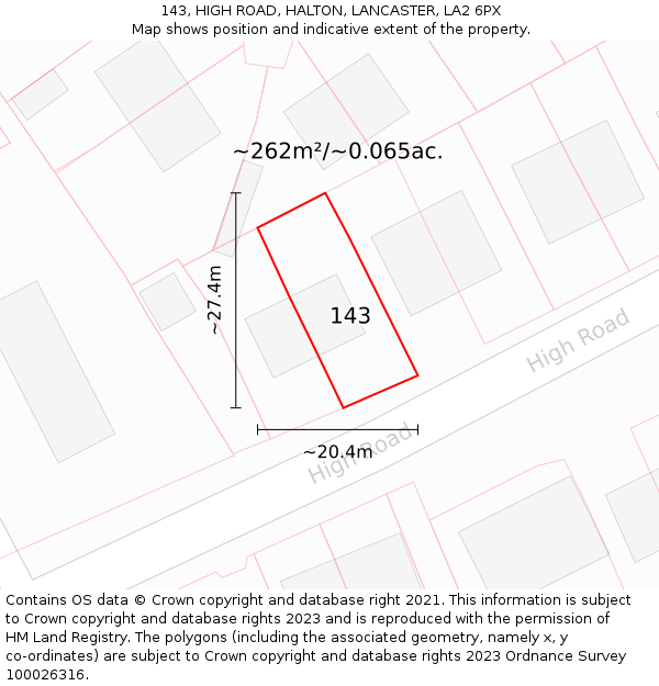 143, HIGH ROAD, HALTON, LANCASTER, LA2 6PX: Plot and title map