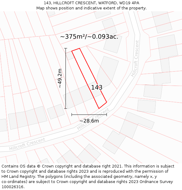 143, HILLCROFT CRESCENT, WATFORD, WD19 4PA: Plot and title map