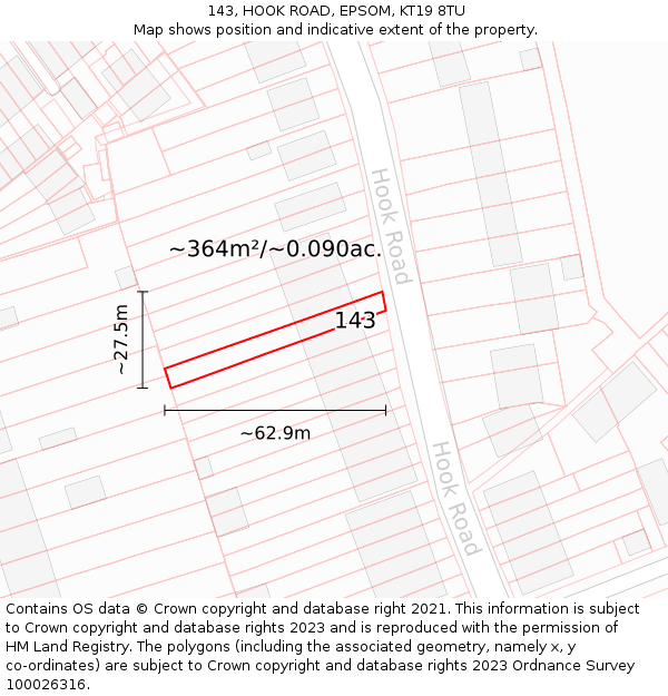 143, HOOK ROAD, EPSOM, KT19 8TU: Plot and title map