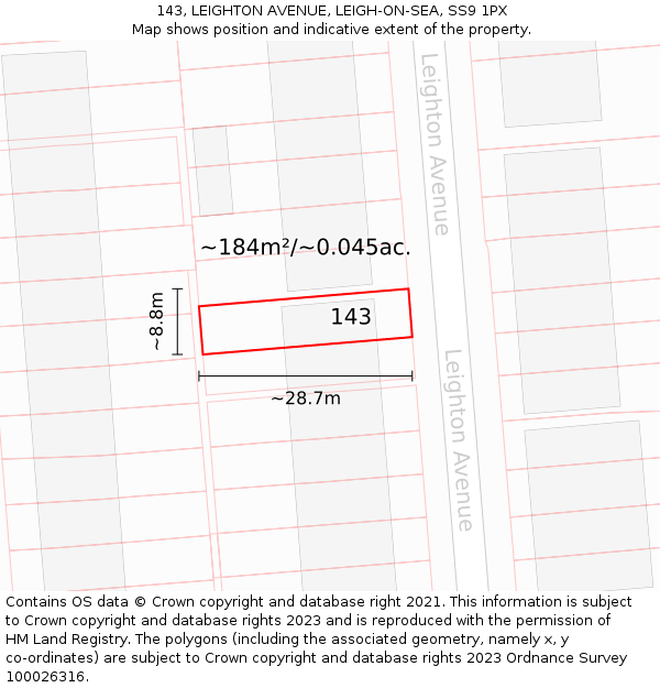 143, LEIGHTON AVENUE, LEIGH-ON-SEA, SS9 1PX: Plot and title map