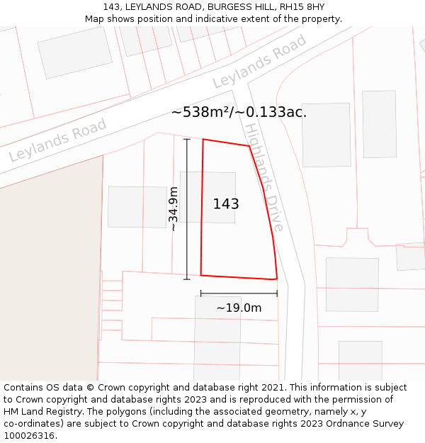 143, LEYLANDS ROAD, BURGESS HILL, RH15 8HY: Plot and title map