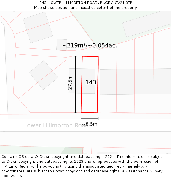 143, LOWER HILLMORTON ROAD, RUGBY, CV21 3TR: Plot and title map