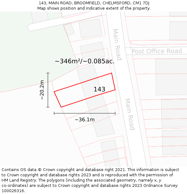 143, MAIN ROAD, BROOMFIELD, CHELMSFORD, CM1 7DJ: Plot and title map