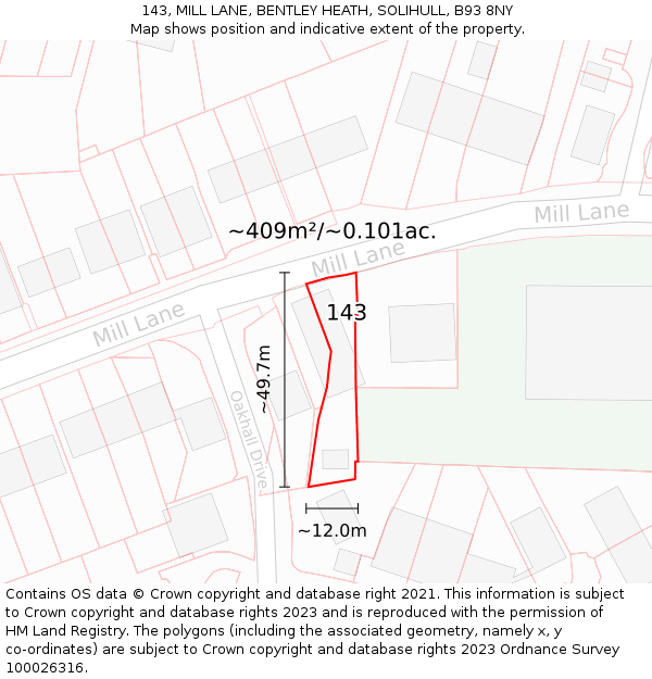 143, MILL LANE, BENTLEY HEATH, SOLIHULL, B93 8NY: Plot and title map