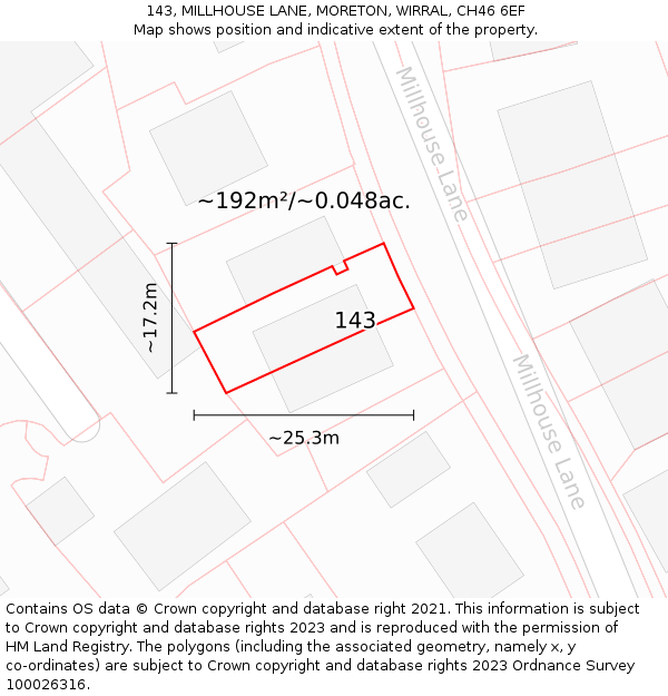 143, MILLHOUSE LANE, MORETON, WIRRAL, CH46 6EF: Plot and title map