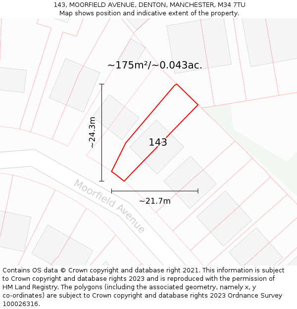 143, MOORFIELD AVENUE, DENTON, MANCHESTER, M34 7TU: Plot and title map