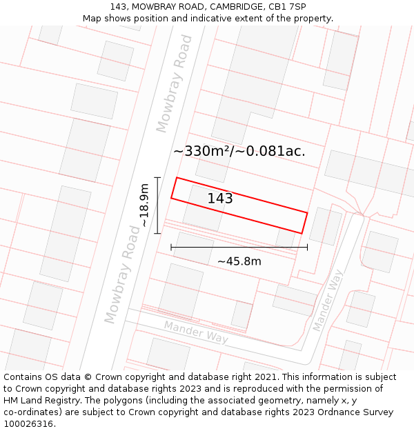 143, MOWBRAY ROAD, CAMBRIDGE, CB1 7SP: Plot and title map