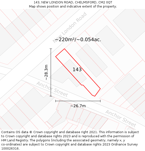 143, NEW LONDON ROAD, CHELMSFORD, CM2 0QT: Plot and title map