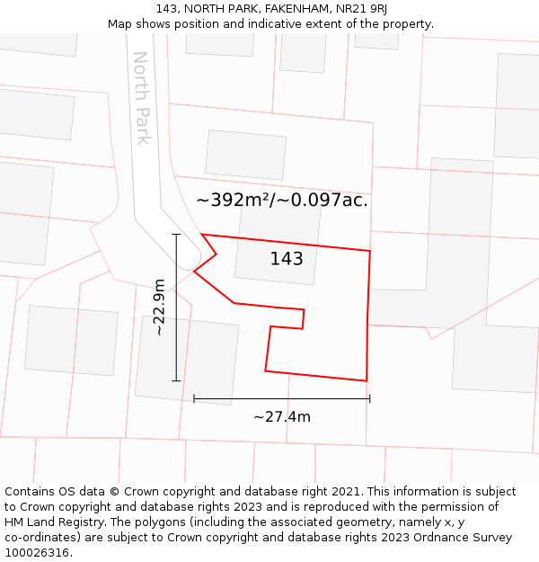 143, NORTH PARK, FAKENHAM, NR21 9RJ: Plot and title map