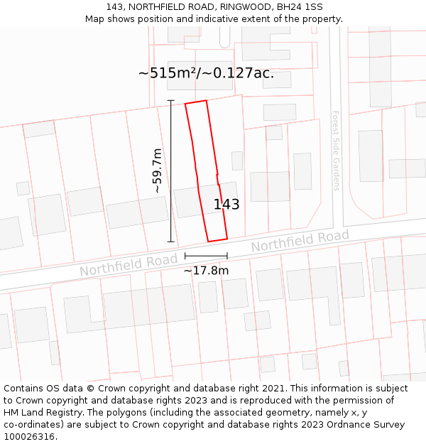 143, NORTHFIELD ROAD, RINGWOOD, BH24 1SS: Plot and title map