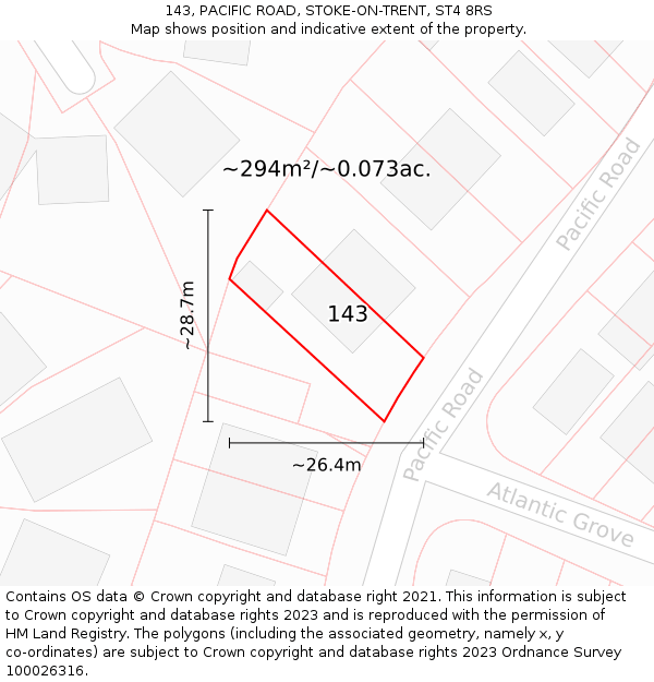 143, PACIFIC ROAD, STOKE-ON-TRENT, ST4 8RS: Plot and title map