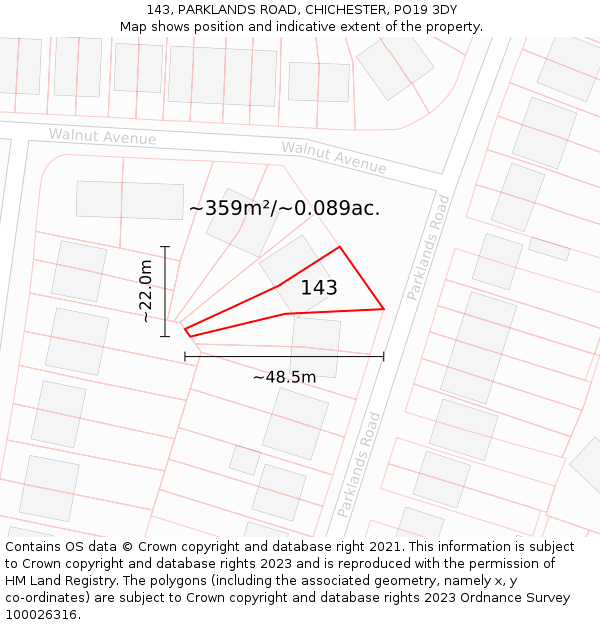 143, PARKLANDS ROAD, CHICHESTER, PO19 3DY: Plot and title map