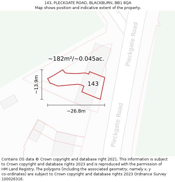 143, PLECKGATE ROAD, BLACKBURN, BB1 8QA: Plot and title map