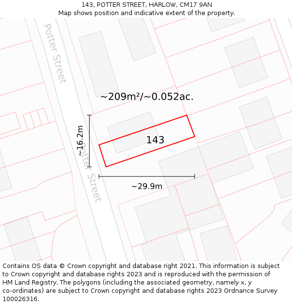 143, POTTER STREET, HARLOW, CM17 9AN: Plot and title map