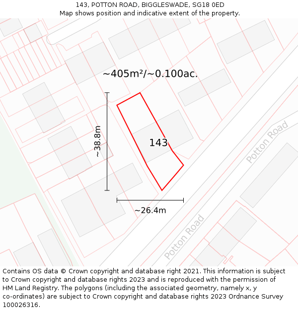 143, POTTON ROAD, BIGGLESWADE, SG18 0ED: Plot and title map