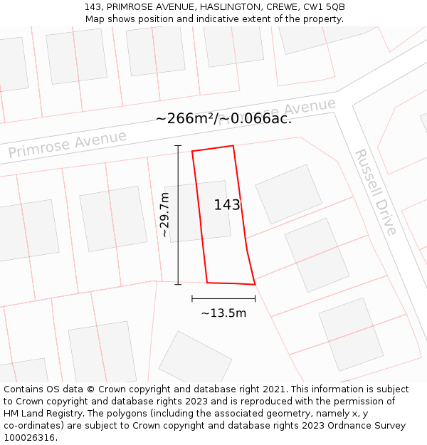 143, PRIMROSE AVENUE, HASLINGTON, CREWE, CW1 5QB: Plot and title map