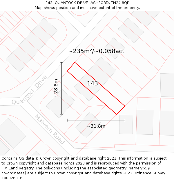 143, QUANTOCK DRIVE, ASHFORD, TN24 8QP: Plot and title map