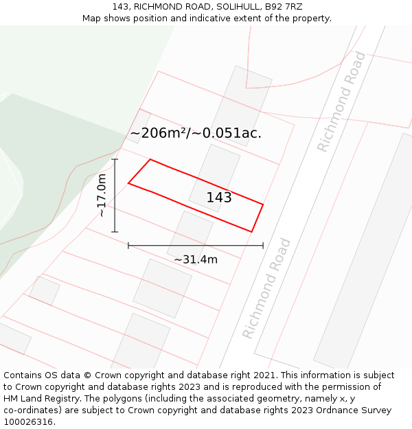 143, RICHMOND ROAD, SOLIHULL, B92 7RZ: Plot and title map