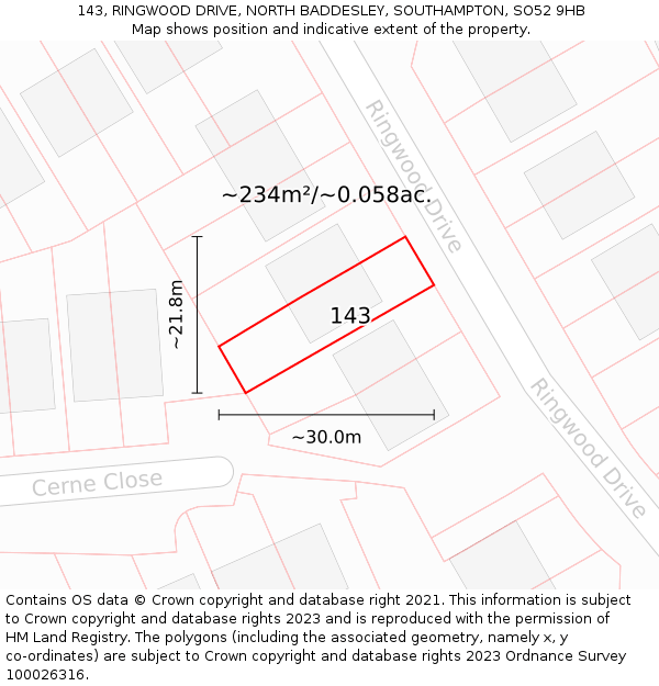 143, RINGWOOD DRIVE, NORTH BADDESLEY, SOUTHAMPTON, SO52 9HB: Plot and title map