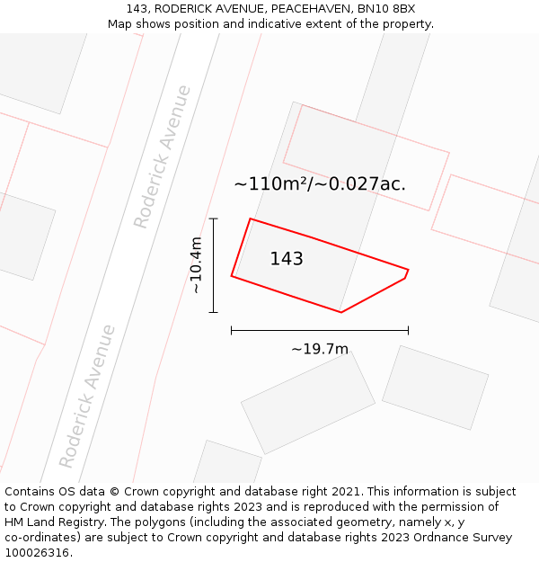 143, RODERICK AVENUE, PEACEHAVEN, BN10 8BX: Plot and title map