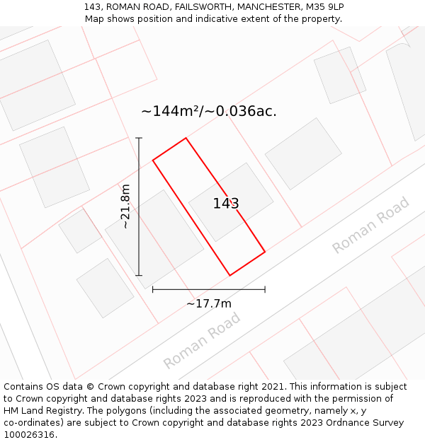 143, ROMAN ROAD, FAILSWORTH, MANCHESTER, M35 9LP: Plot and title map