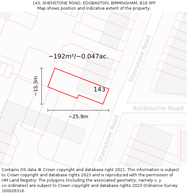 143, SHENSTONE ROAD, EDGBASTON, BIRMINGHAM, B16 0PF: Plot and title map