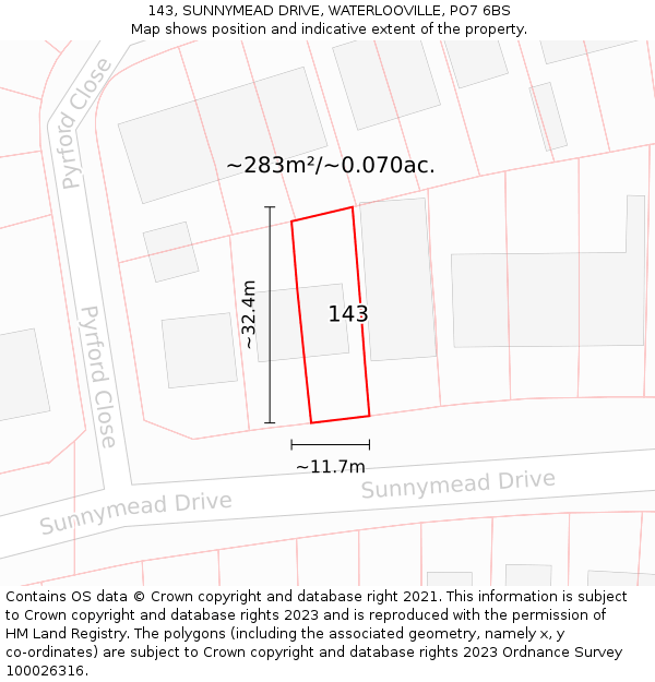 143, SUNNYMEAD DRIVE, WATERLOOVILLE, PO7 6BS: Plot and title map