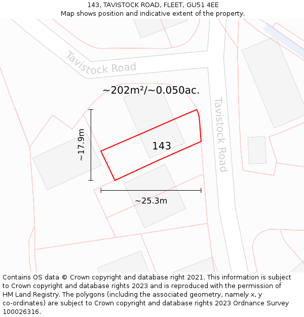 143, TAVISTOCK ROAD, FLEET, GU51 4EE: Plot and title map