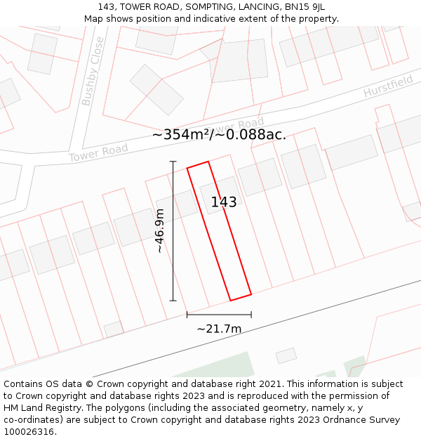 143, TOWER ROAD, SOMPTING, LANCING, BN15 9JL: Plot and title map