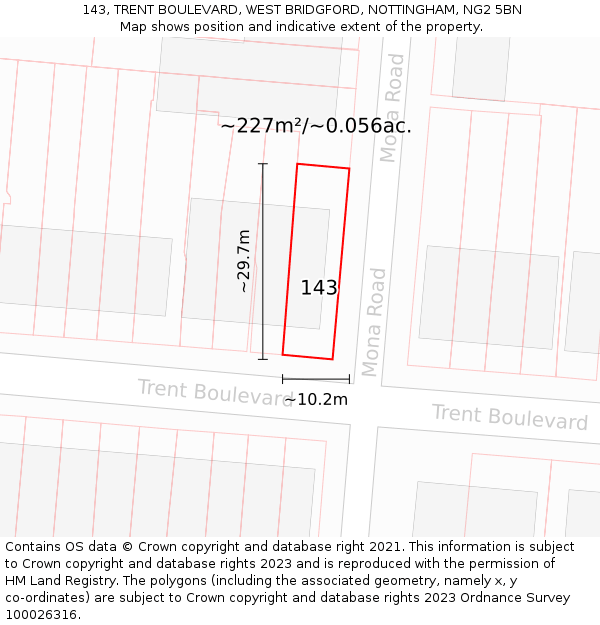 143, TRENT BOULEVARD, WEST BRIDGFORD, NOTTINGHAM, NG2 5BN: Plot and title map