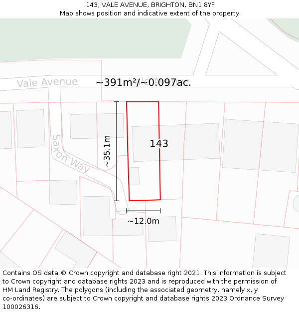 143, VALE AVENUE, BRIGHTON, BN1 8YF: Plot and title map