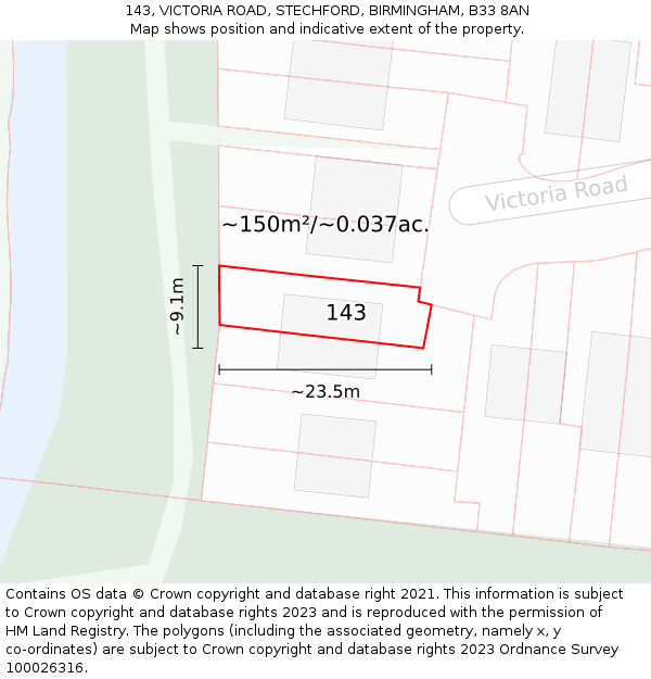 143, VICTORIA ROAD, STECHFORD, BIRMINGHAM, B33 8AN: Plot and title map