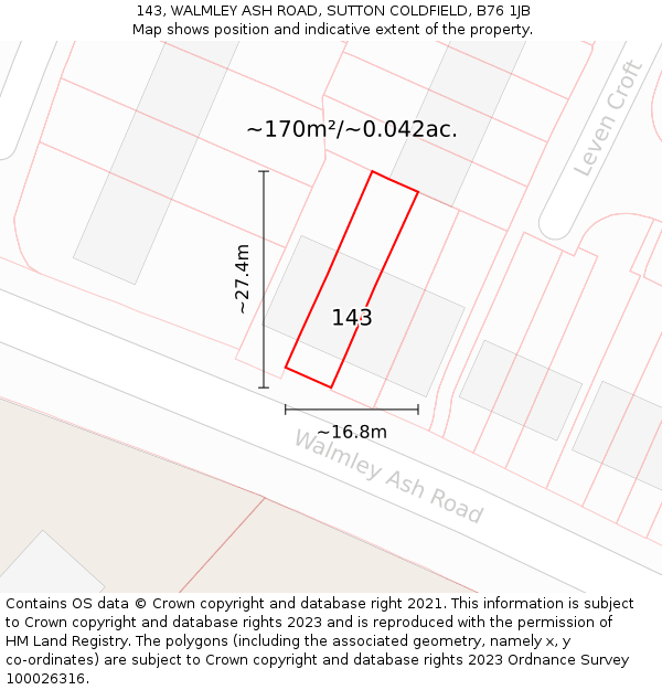 143, WALMLEY ASH ROAD, SUTTON COLDFIELD, B76 1JB: Plot and title map