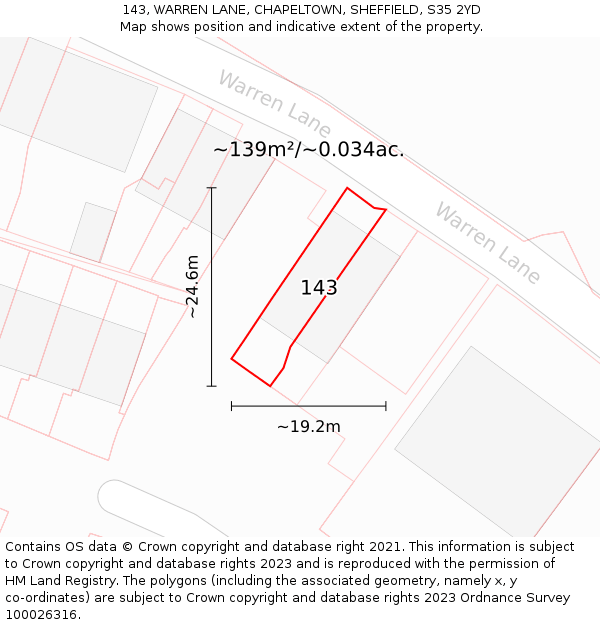 143, WARREN LANE, CHAPELTOWN, SHEFFIELD, S35 2YD: Plot and title map