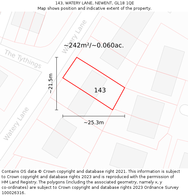 143, WATERY LANE, NEWENT, GL18 1QE: Plot and title map