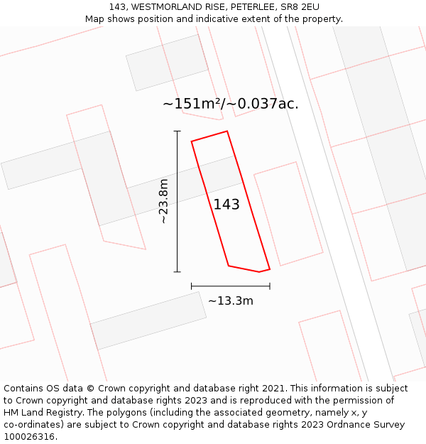 143, WESTMORLAND RISE, PETERLEE, SR8 2EU: Plot and title map