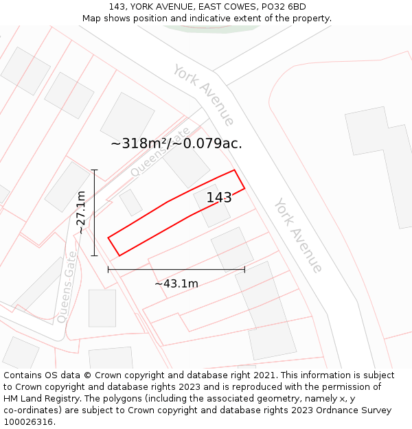 143, YORK AVENUE, EAST COWES, PO32 6BD: Plot and title map