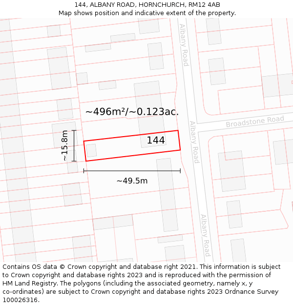 144, ALBANY ROAD, HORNCHURCH, RM12 4AB: Plot and title map