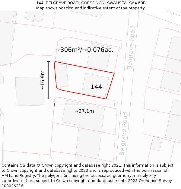 144, BELGRAVE ROAD, GORSEINON, SWANSEA, SA4 6RB: Plot and title map