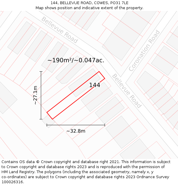 144, BELLEVUE ROAD, COWES, PO31 7LE: Plot and title map