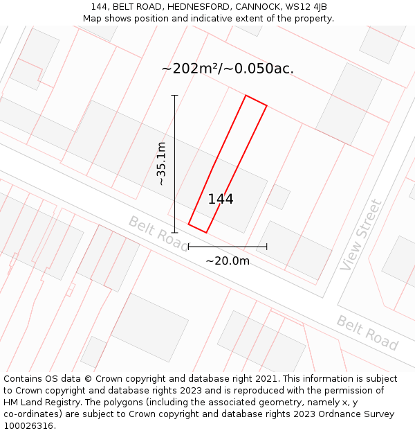 144, BELT ROAD, HEDNESFORD, CANNOCK, WS12 4JB: Plot and title map