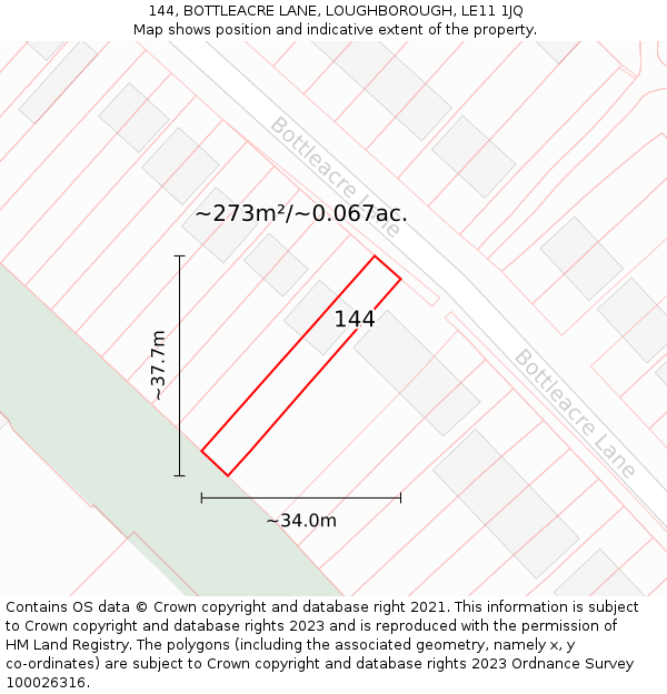 144, BOTTLEACRE LANE, LOUGHBOROUGH, LE11 1JQ: Plot and title map