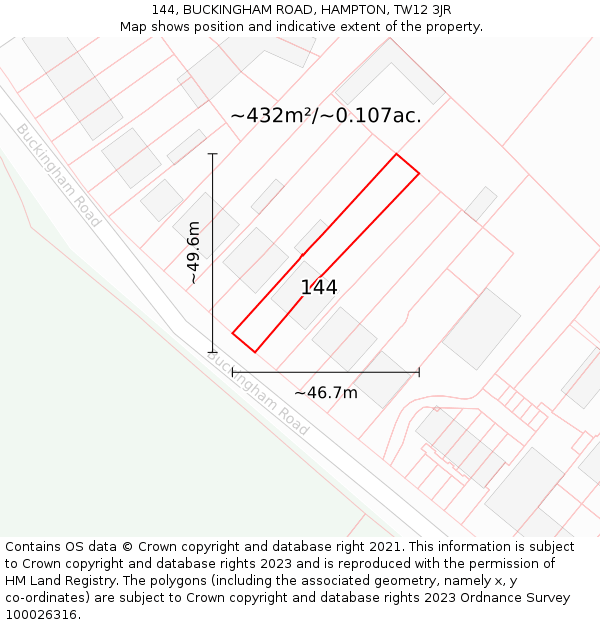 144, BUCKINGHAM ROAD, HAMPTON, TW12 3JR: Plot and title map