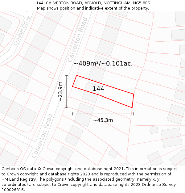 144, CALVERTON ROAD, ARNOLD, NOTTINGHAM, NG5 8FS: Plot and title map