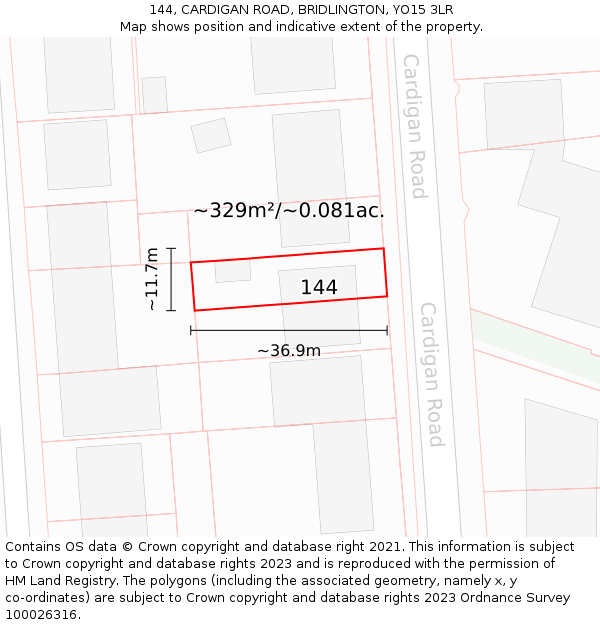 144, CARDIGAN ROAD, BRIDLINGTON, YO15 3LR: Plot and title map